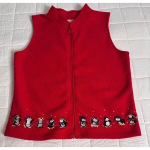 Christopher Banks Red Fleece Penguin Holiday Vest Womens Size S Christmas